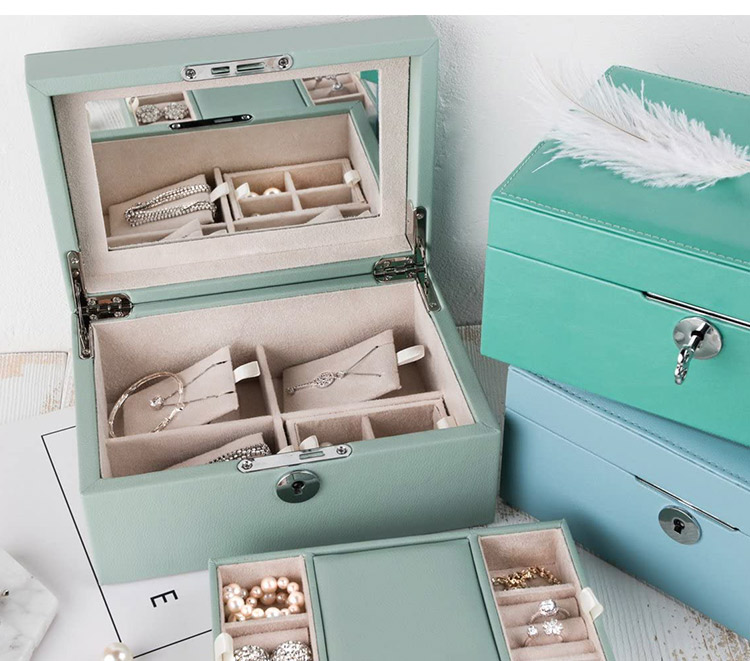 Vintage Lockable 2 Layers Necklace Earrings Ring Pu Leather Portable Jewelry Storage Case Box With Mirror Jewelry Box