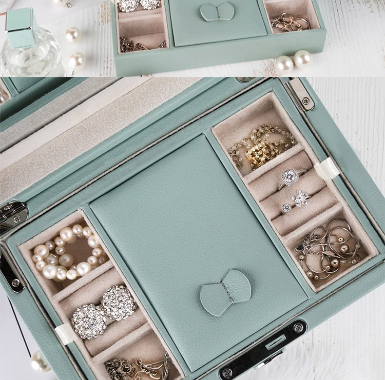 Vintage Lockable 2 Layers Necklace Earrings Ring Pu Leather Portable Jewelry Storage Case Box With Mirror Jewelry Box