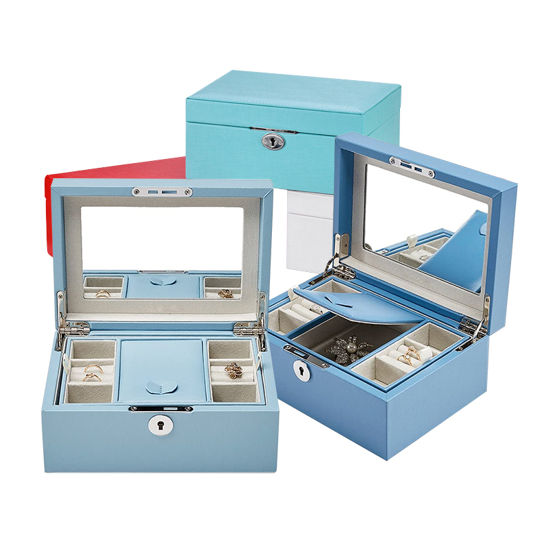 Vintage Lockable 2 Layers Necklace Earrings Ring Pu Leather Portable Jewelry Storage Case Box With Mirror Jewelry Box