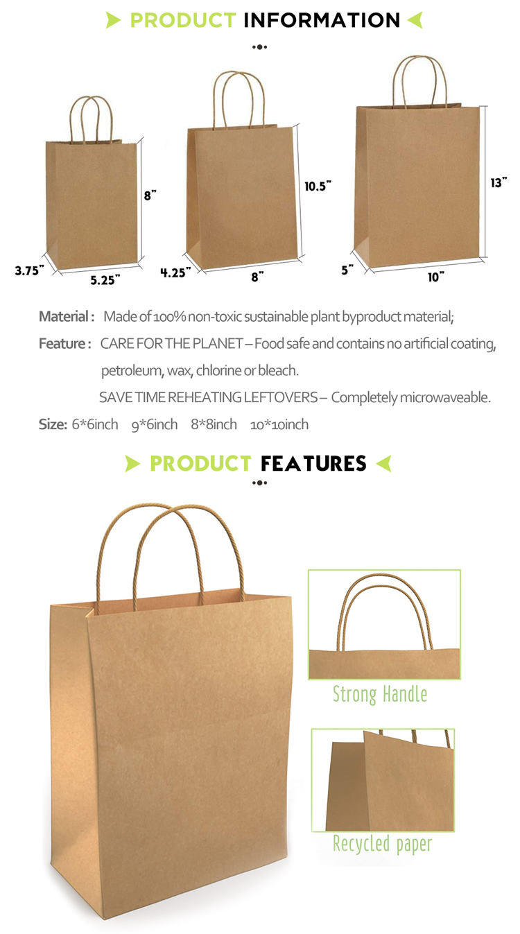 Custom Recyclable Printed High Quality Kraft Paper Lunch Bag Food With Twisted Handles