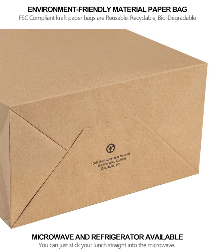 Custom Recyclable Printed High Quality Kraft Paper Lunch Bag Food With Twisted Handles