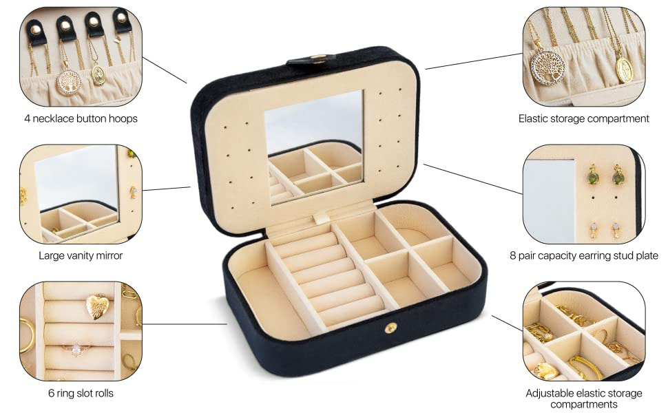 Annaigee - Organizzatore di gioielli personalizzato, astuccio per collane, custodia in velluto, portatile da viaggio, porta gioielli con specchio 10