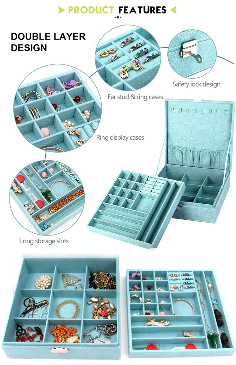 Wholesale Earring Ring Necklace With Lock Customized Double Layer Velvet Travel Jewelry Box Organizer Pu Leather Jewelry Boxes