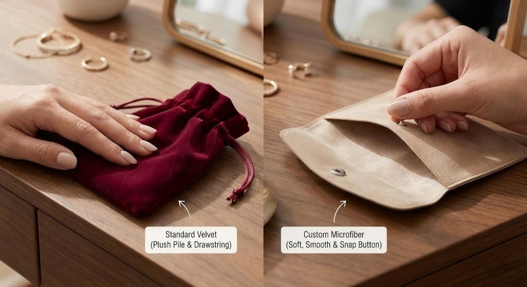 Standard Velvet vs. Custom Microfiber Jewelry Pouches 1