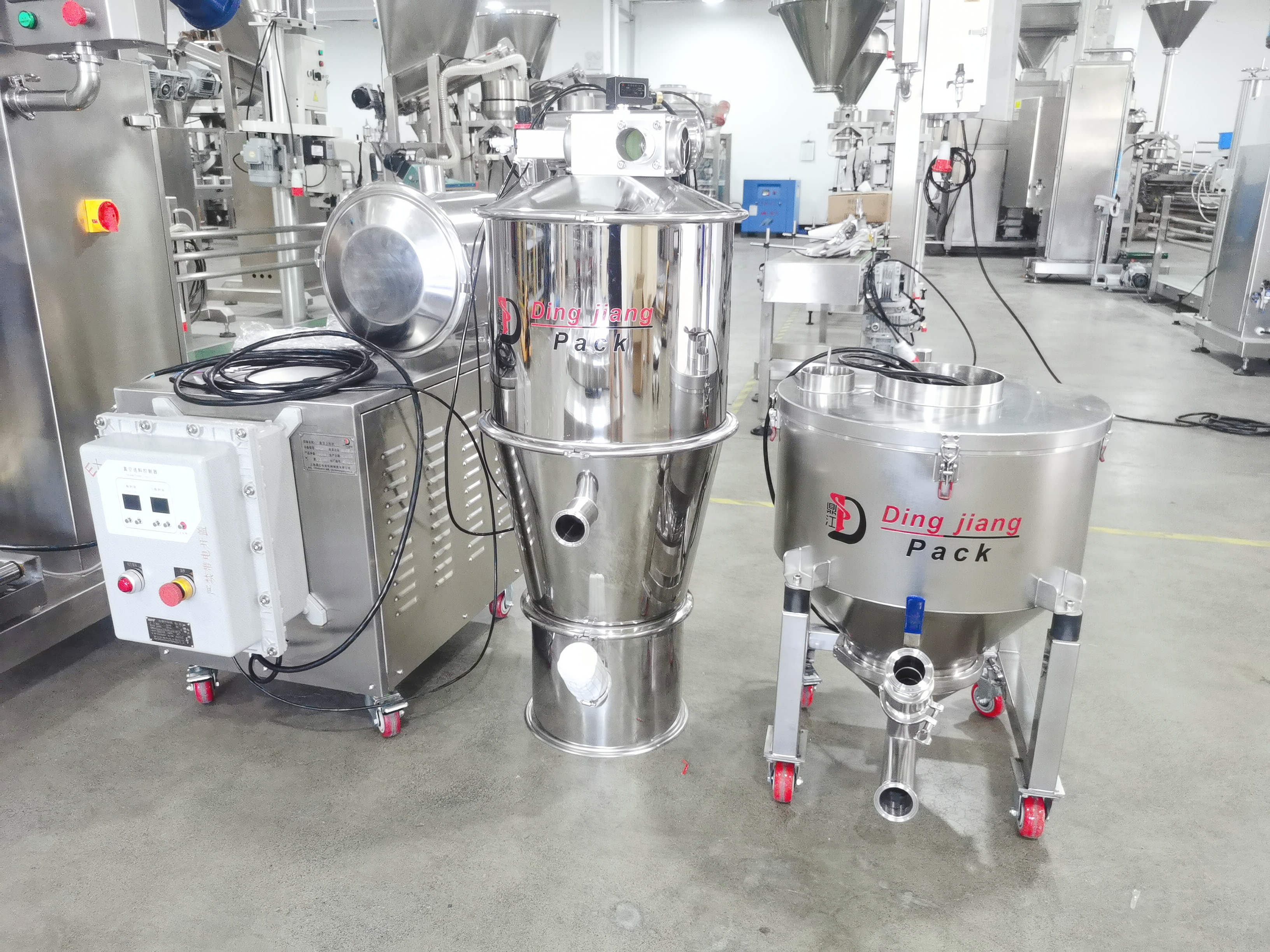 Heres a detailed image ALT text for a 25kg powder packaging machine:  An industrial 25kg powder packaging machine featuring a robust stainless steel frame. The machine is equipped with dual spiral feed systems for precise and efficient powder dispensing. Visible are the machines small dust collector and a larger, industrial-grade dust collection system, ensuring a clean working environment. The control panel, prominently displaying a Siemens PLC touchscreen, and Schneider Electric components, is designed for easy operation. The entire setup is streamlined, with no dead angles, promoting a more stable and reliable packaging process.