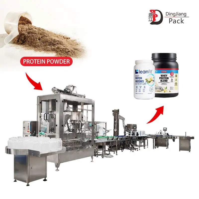 Ligne entièrement automatisée de remplissage, de bouchage et d'étiquetage de boîtes pour poudres protéinées, lait en poudre et poudres alimentaires. 1