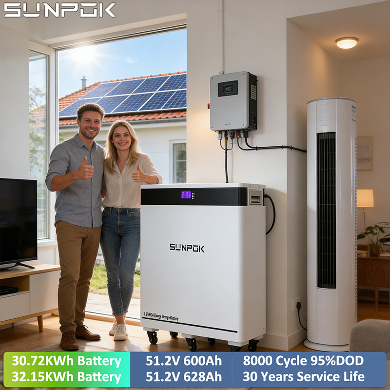 SUNPOK 51.2V 600Ah 30.72kWh 628Ah 32.15kWh batterie de stockage d'énergie solaire LiFePO4 à Cycle profond au sol