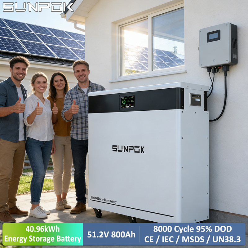 SUNPOK 51,2 V 800 Ah 40,96 kWh Stand-Touchscreen-LiFePO4-Solarenergiespeicherbatterie