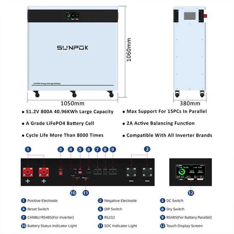 51,2 V 800 Ah LiFePO4-Solarspeicherbatterie mit Touchscreen für den Boden 3