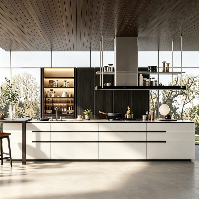 Armário de cozinha moderno personalizado em melamina com ilha YK-08 1
