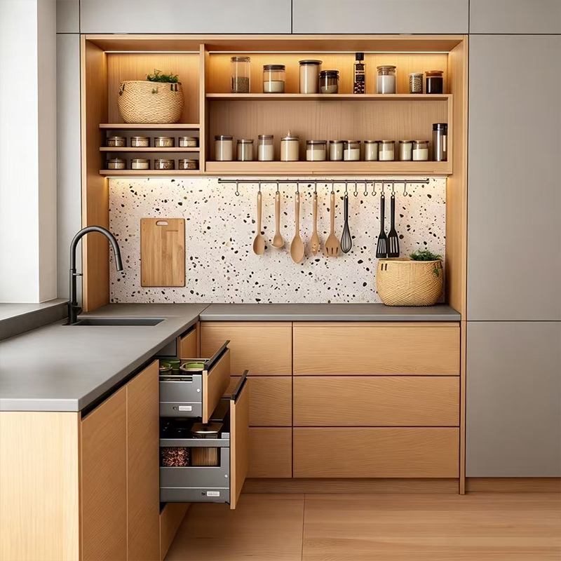 Custom Modern Wood Grain Melamine Kitchen Cabinet YK-10 2