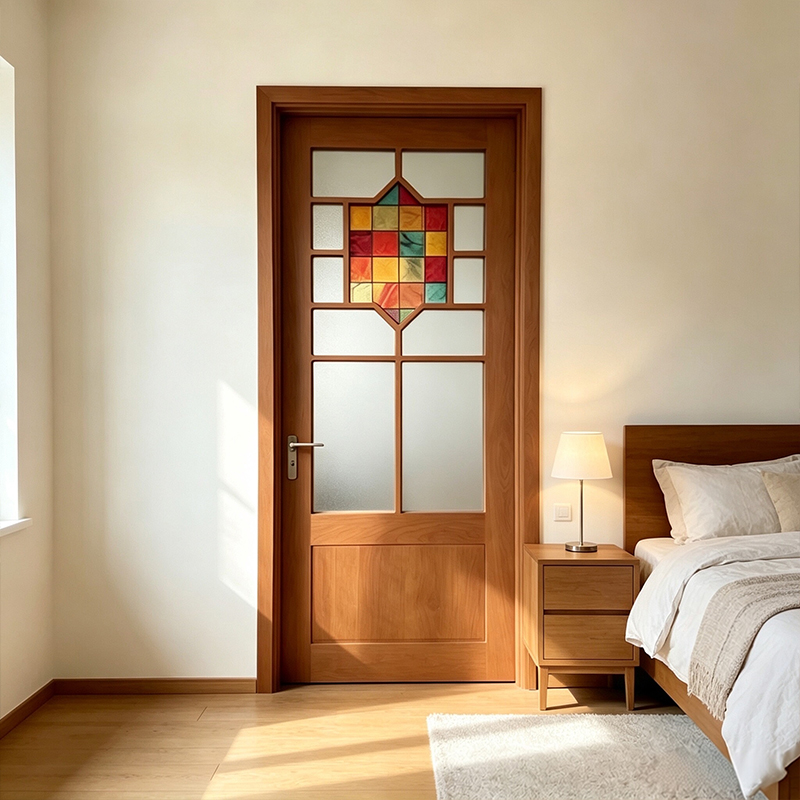 Puerta de madera MDF con chapa de madera y cristal YD-10 1