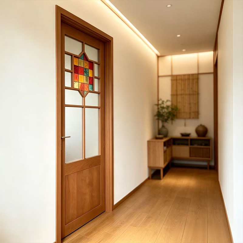 Puerta de madera MDF con chapa de madera y cristal YD-10 4