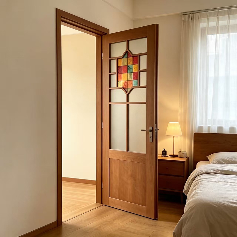 Puerta de madera MDF con chapa de madera y cristal YD-10 5