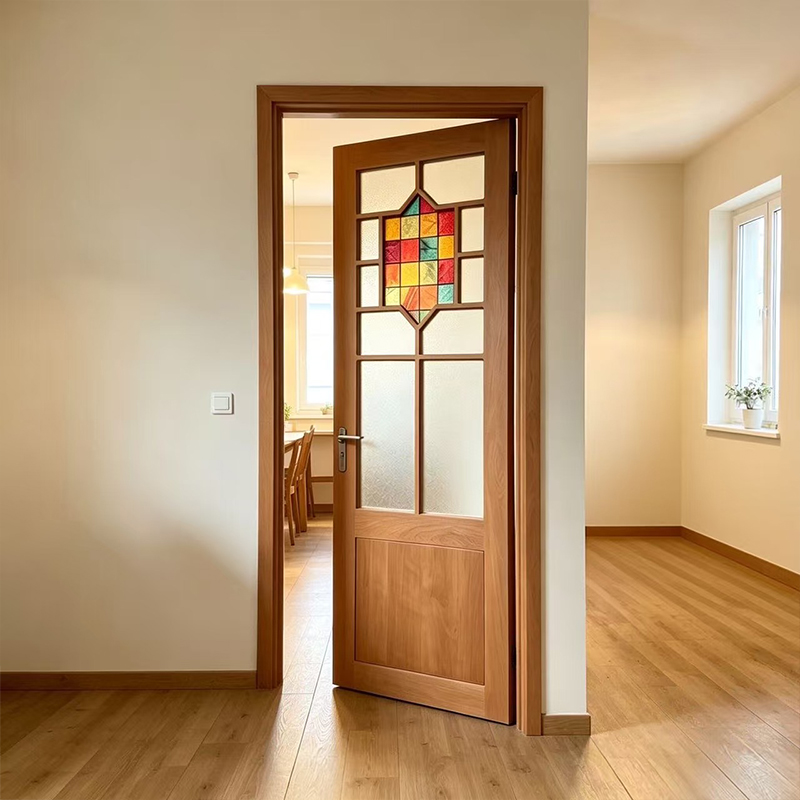 Puerta de madera MDF con chapa de madera y cristal YD-10 3