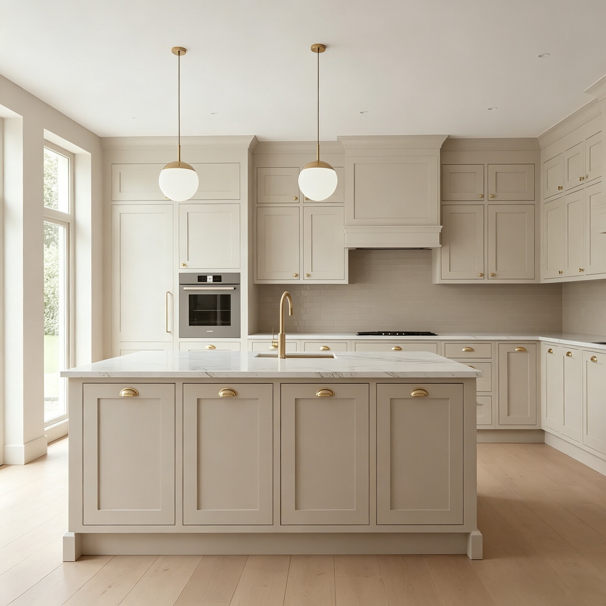 Painted kitchen cabinet with Shaker-style recessed panel doors and brass cup pulls