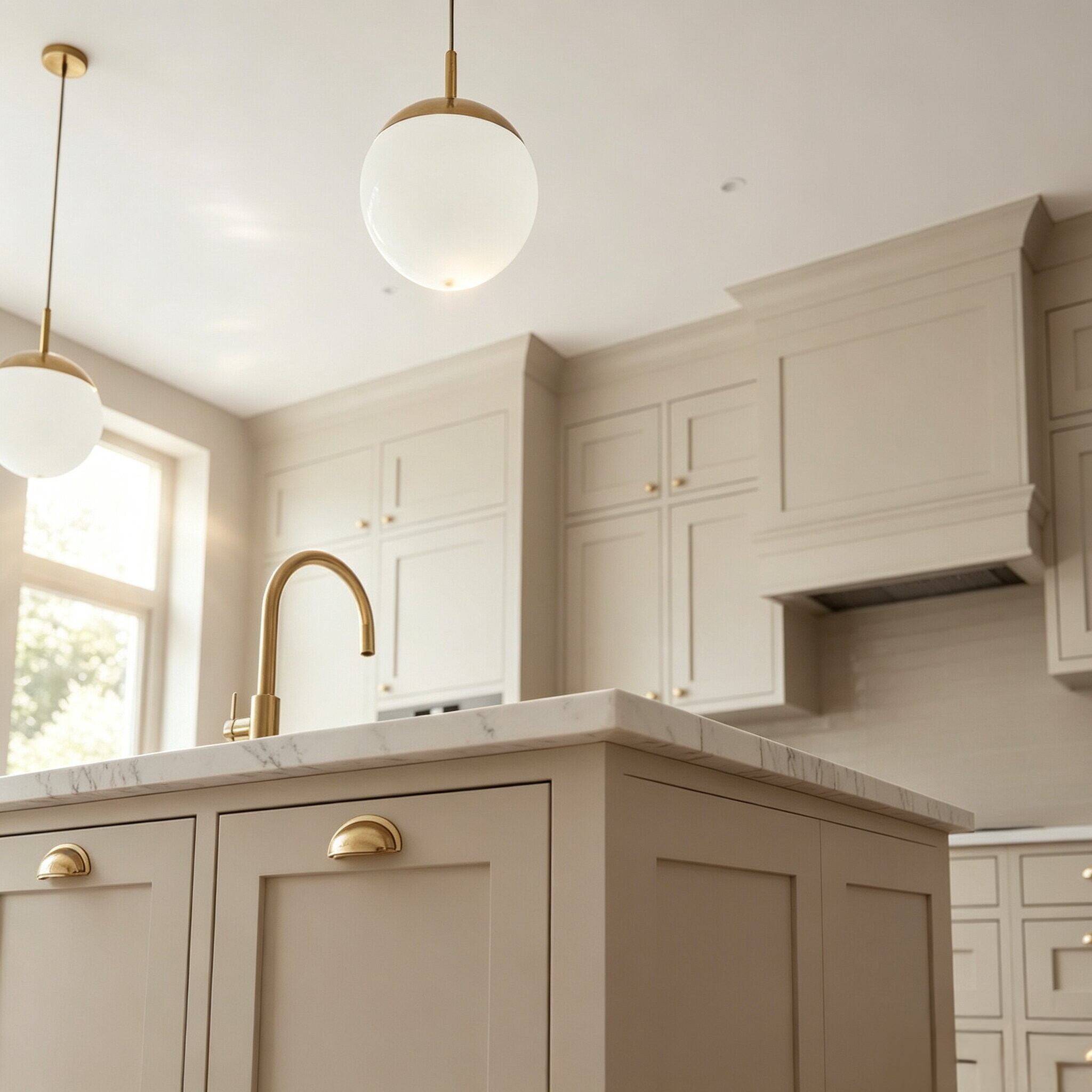 Wall kitchen cabinets and island with brass knobs and recessed panel doors