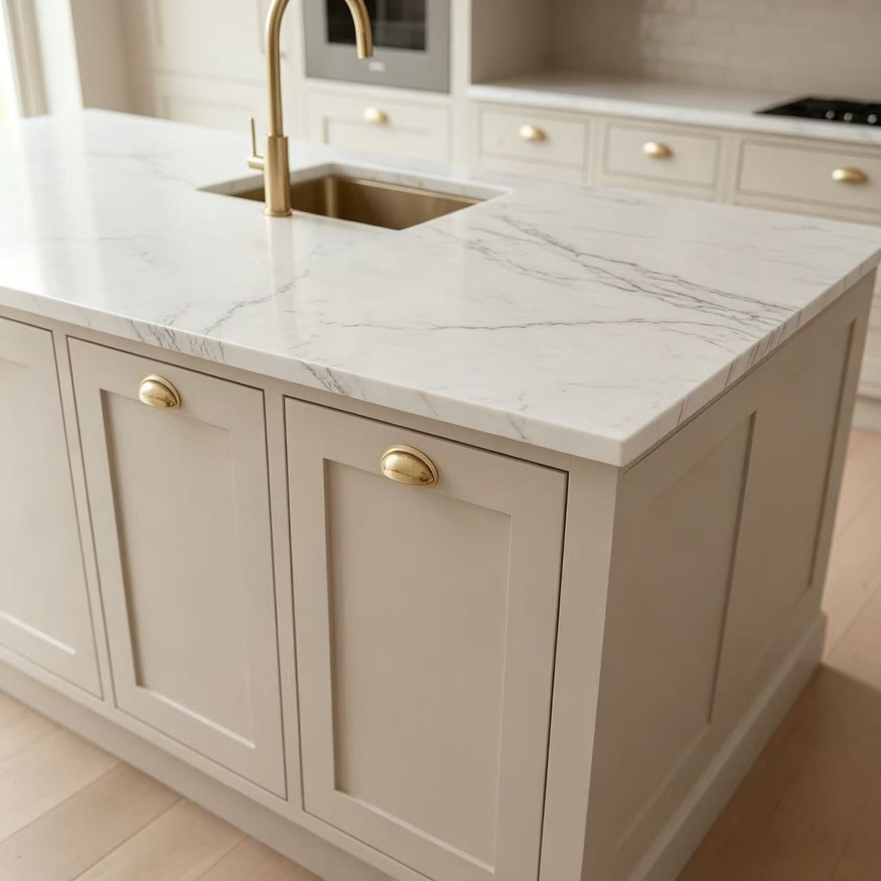 kitchen cabinet island with Shaker-style recessed panel doors