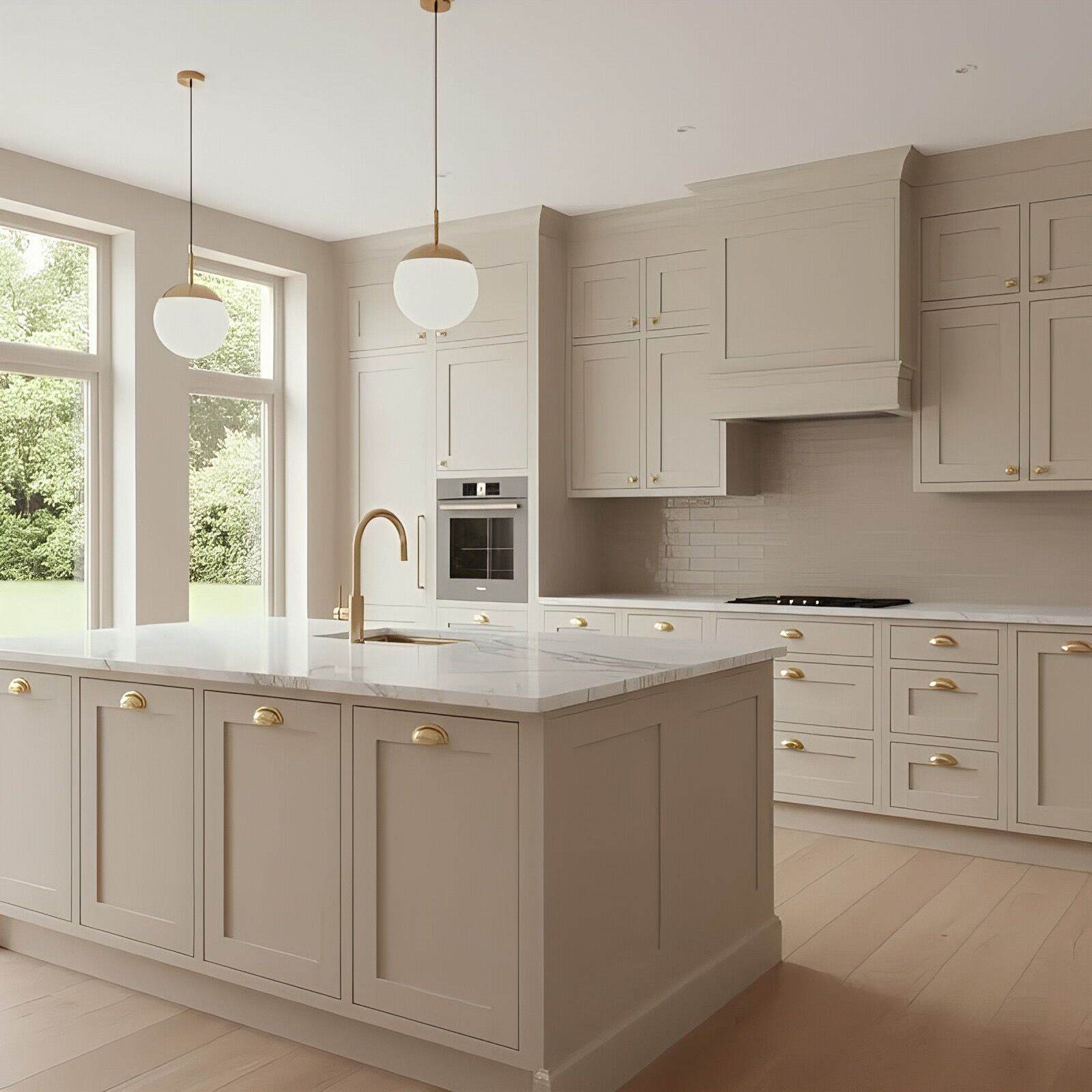 painted transitional kitchen cabinets with Shaker-style doors, brass hardware and decorative hood surround