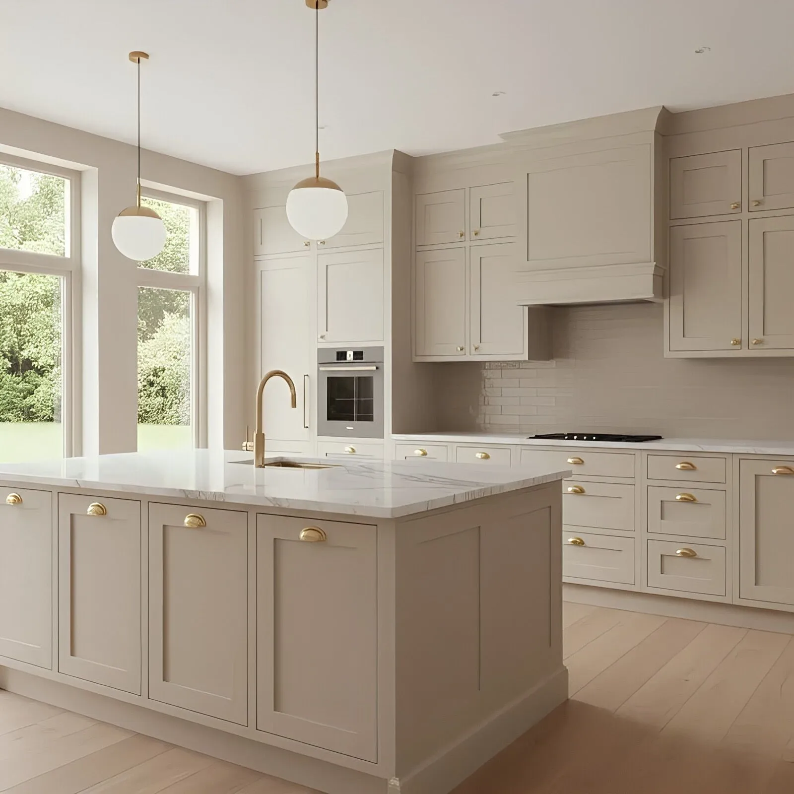 painted transitional kitchen cabinets with Shaker-style doors, brass hardware and decorative hood surround