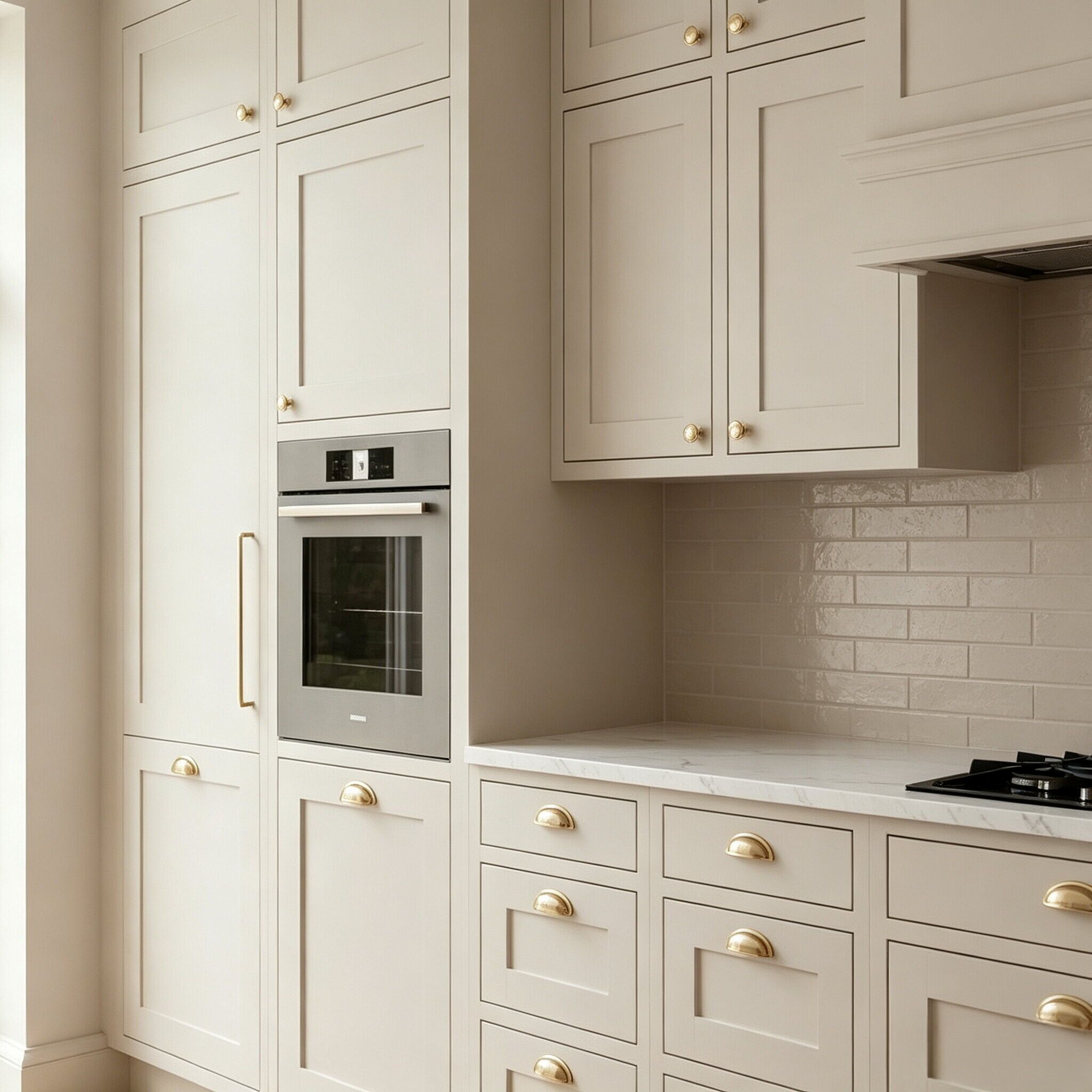 Shaker-style kitchen base and full-height cabinets with brass cup pulls