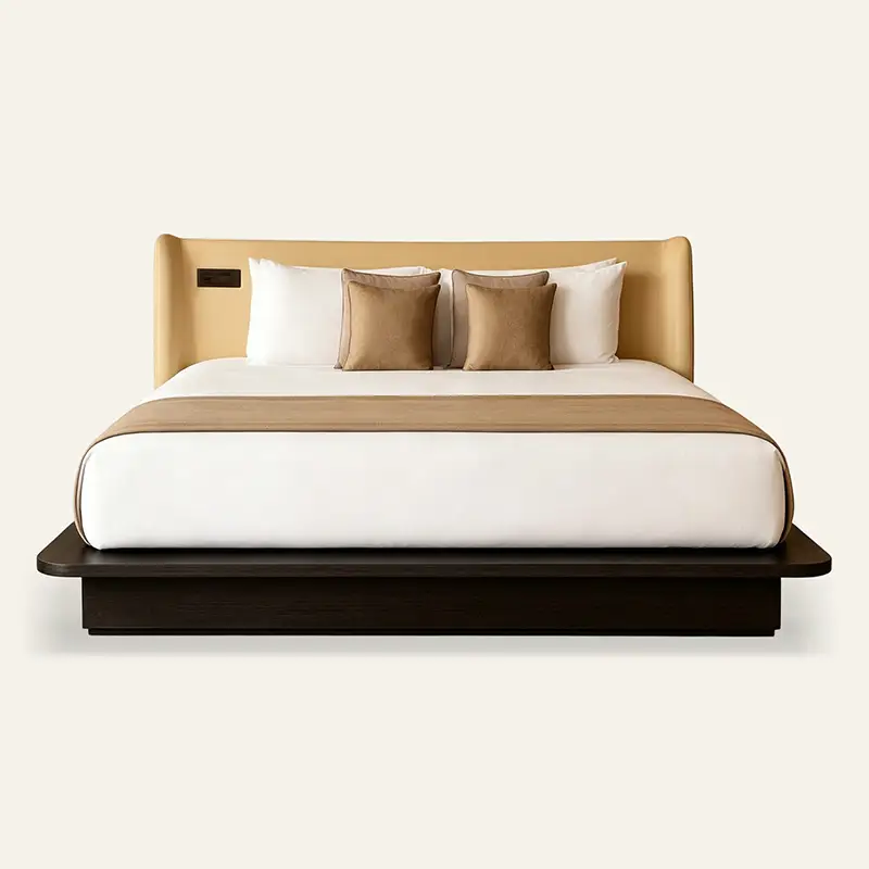 Wholesale Hotel Modern Luxury Leather King Size Solid Wood Platform Bed Integrated Wing Headboard Guest Room Bedroom Furniture Sets 1