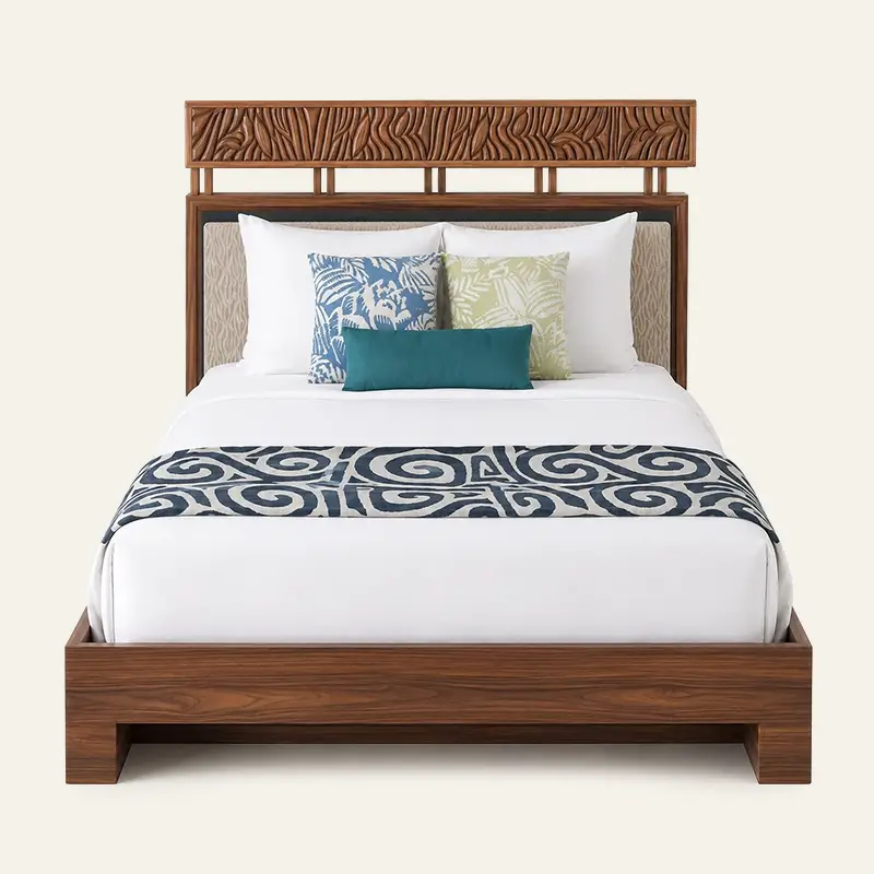 Wholesale Tropical Carved Solid Wood Fabric Upholstered King Size Hotel Platform Bed Integrated Headboard Guest Room Bedroom Furniture Sets 1