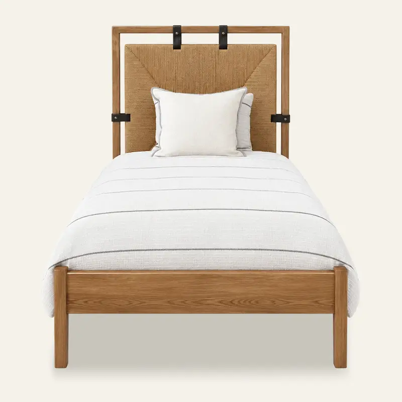 Wholesale Wabi-Sabi Resort Solid Oak Twin Queen Bed Hand-Woven Rattan & Leather-Strap Open-Frame Headboard Guest Room Bedroom Furniture Sets 1