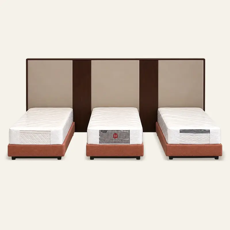 Wholesale Contemporary Triple-Single Hotel Bed Shared Integrated Wood-Trim Headboard Guest Room Platform Bedroom Furniture Set 1