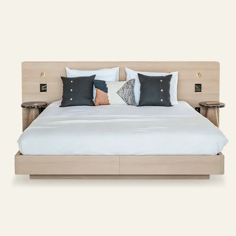 Wholesale Contemporary Solid Wood King Platform Bed Integrated Headboard With Reading Lights Guest Room Bedroom Furniture Set 1