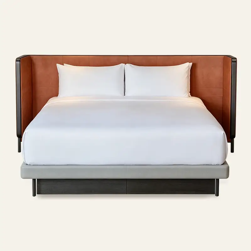 Wholesale Modern Wing-back Upholstered King Bed PU Leather Headboard Luxury 5-Star Hotel Guest Room Bedroom Furniture Set 1