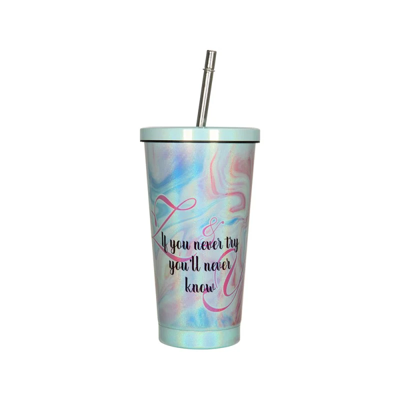 450ML Stainless Steel Rainbow Sublimation Sippy Cups Sparkle Straw Cup-Purple/Green/White 15