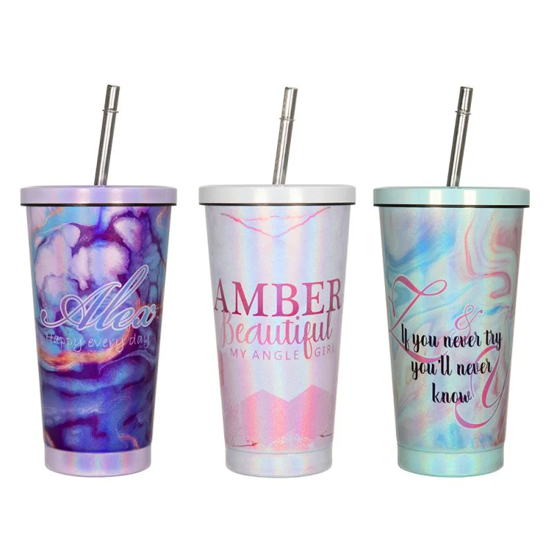 450ML Stainless Steel Rainbow Sublimation Sippy Cups Sparkle Straw Cup-Purple/Green/White 3