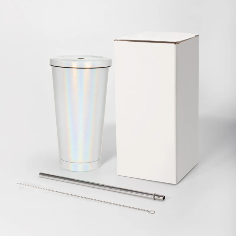 450ML Stainless Steel Rainbow Sublimation Sippy Cups Sparkle Straw Cup-Purple/Green/White 27