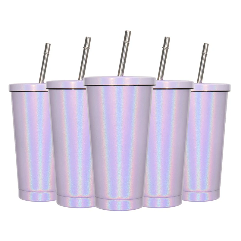 450ML Stainless Steel Rainbow Sublimation Sippy Cups Sparkle Straw Cup-Purple/Green/White 4