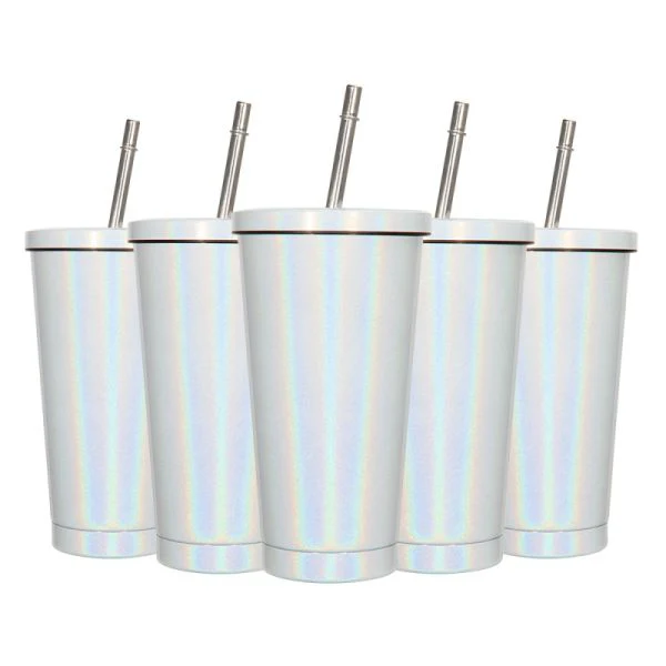 450ML Stainless Steel Rainbow Sublimation Sippy Cups Sparkle Straw Cup-Purple/Green/White 21