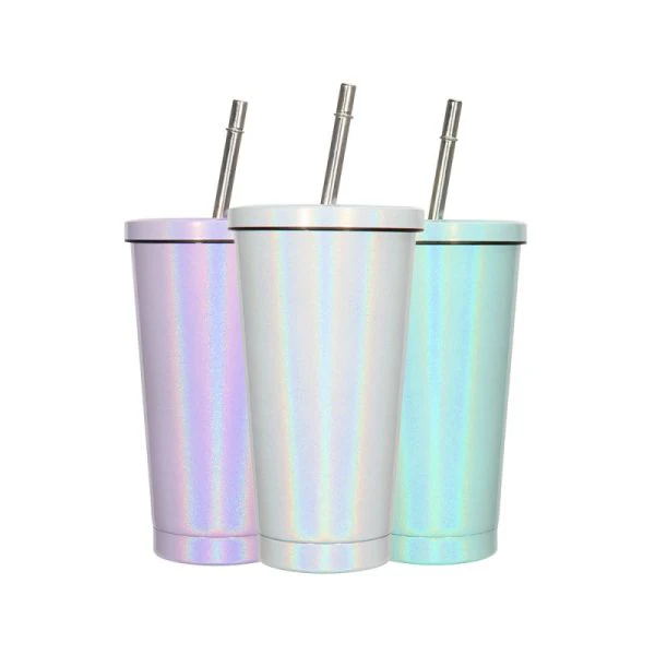 450ML Stainless Steel Rainbow Sublimation Sippy Cups Sparkle Straw Cup-Purple/Green/White 28
