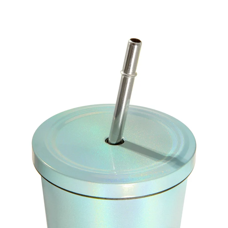450ML Stainless Steel Rainbow Sublimation Sippy Cups Sparkle Straw Cup-Purple/Green/White 18
