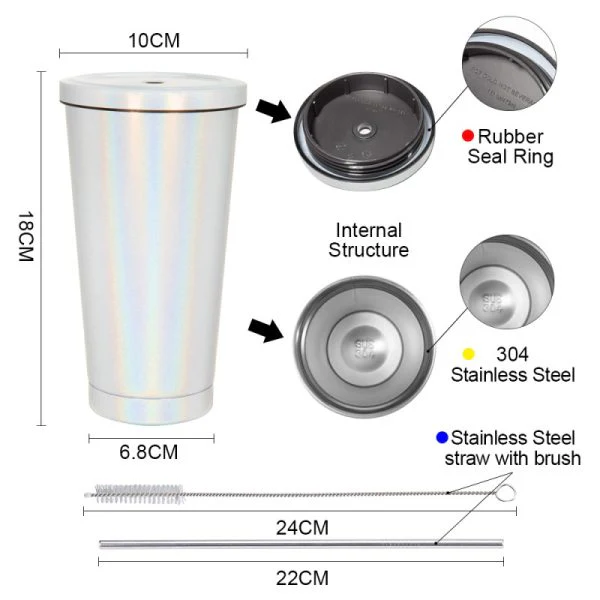 450ML Stainless Steel Rainbow Sublimation Sippy Cups Sparkle Straw Cup-Purple/Green/White 23