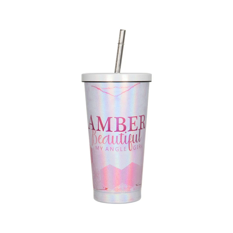 450ML Stainless Steel Rainbow Sublimation Sippy Cups Sparkle Straw Cup-Purple/Green/White 9