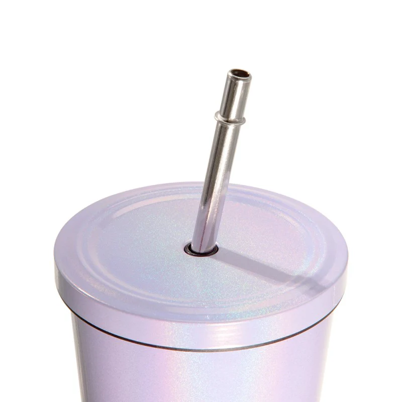 450ML Stainless Steel Rainbow Sublimation Sippy Cups Sparkle Straw Cup-Purple/Green/White 7