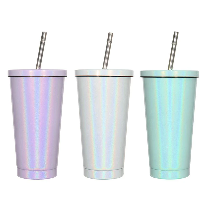 450ML Stainless Steel Rainbow Sublimation Sippy Cups Sparkle Straw Cup-Purple/Green/White 1