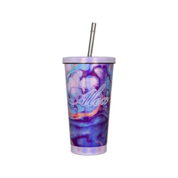 450ML Stainless Steel Rainbow Sublimation Sippy Cups Sparkle Straw Cup-Purple/Green/White 12