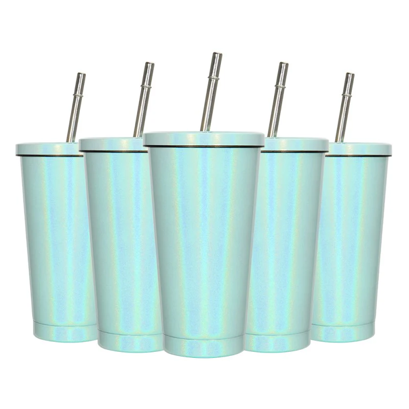 450ML Stainless Steel Rainbow Sublimation Sippy Cups Sparkle Straw Cup-Purple/Green/White 13