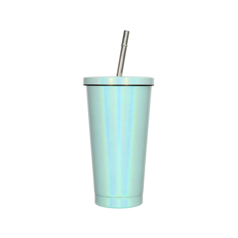 450ML Stainless Steel Rainbow Sublimation Sippy Cups Sparkle Straw Cup-Purple/Green/White 14