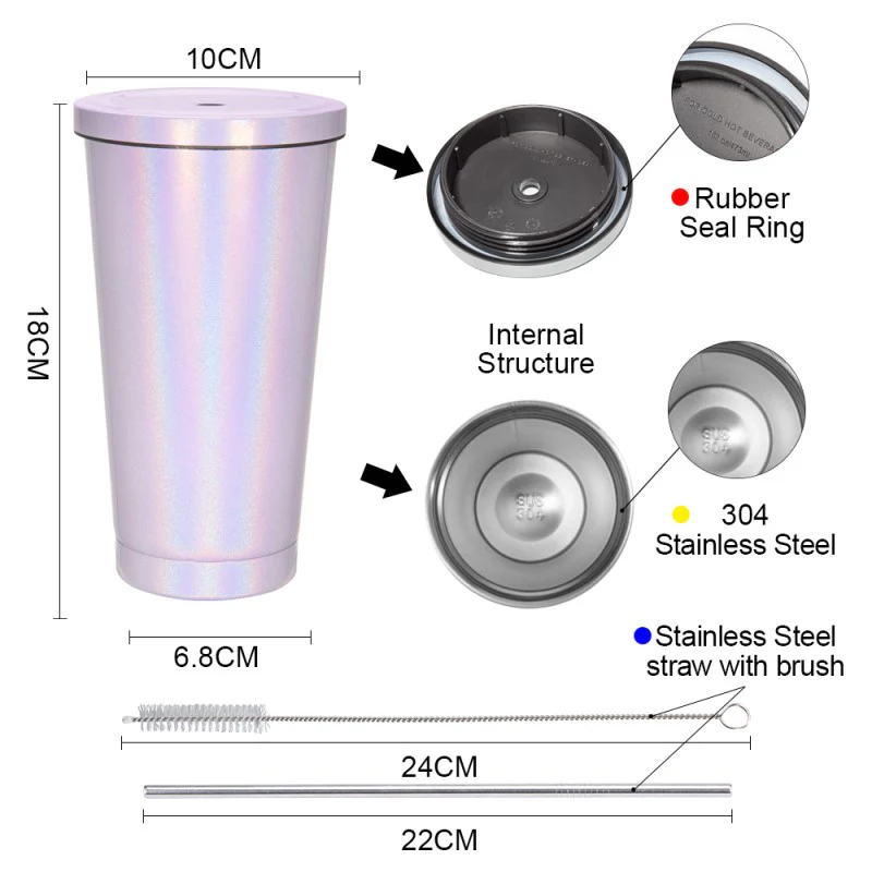 450ML Stainless Steel Rainbow Sublimation Sippy Cups Sparkle Straw Cup-Purple/Green/White 6