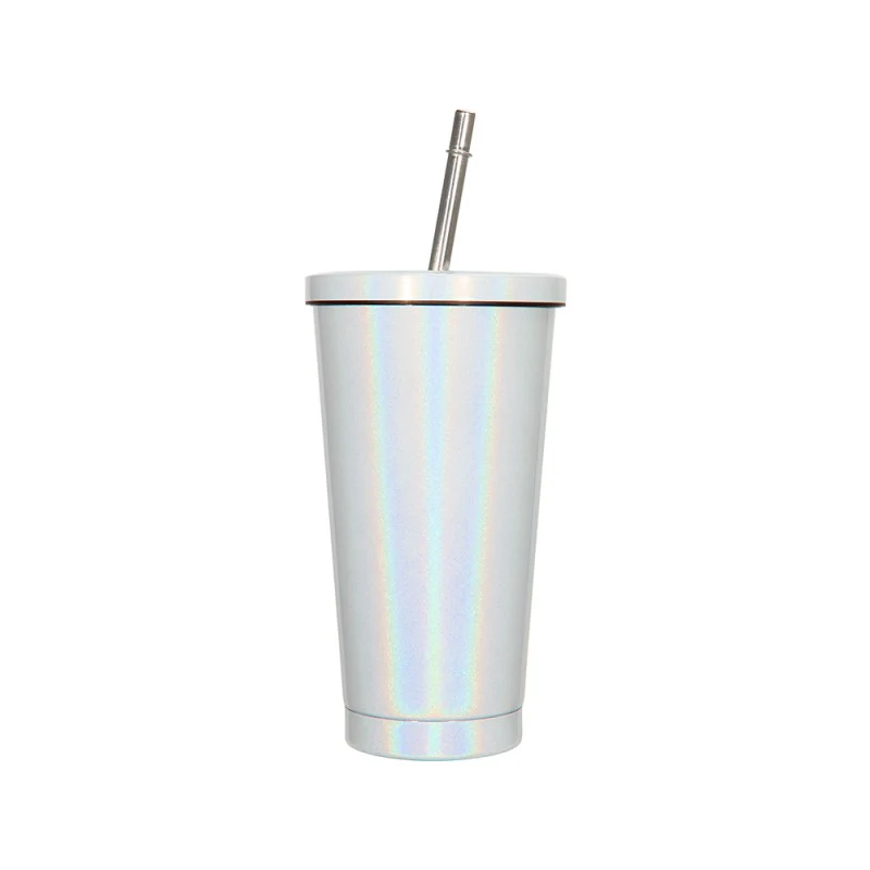 450ML Stainless Steel Rainbow Sublimation Sippy Cups Sparkle Straw Cup-Purple/Green/White 11