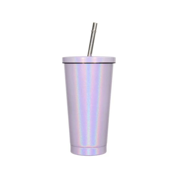 450ML Stainless Steel Rainbow Sublimation Sippy Cups Sparkle Straw Cup-Purple/Green/White 8
