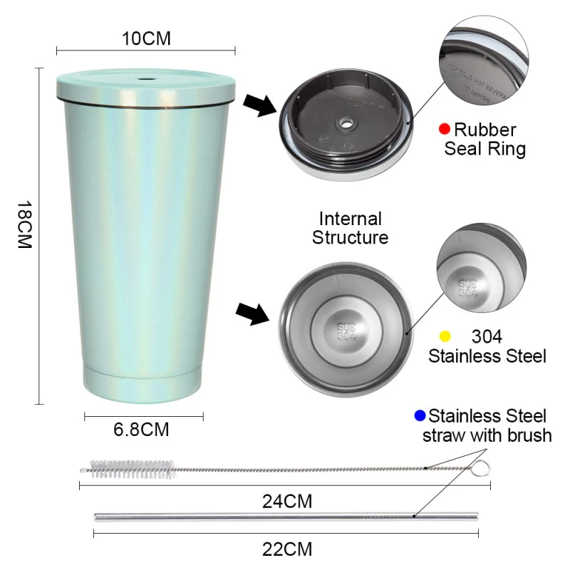 450ML Stainless Steel Rainbow Sublimation Sippy Cups Sparkle Straw Cup-Purple/Green/White 17
