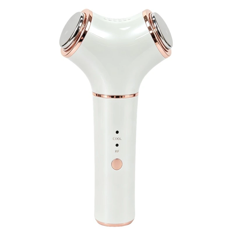 Dual-head RF beauty device, white glossy body with rose gold accents 1